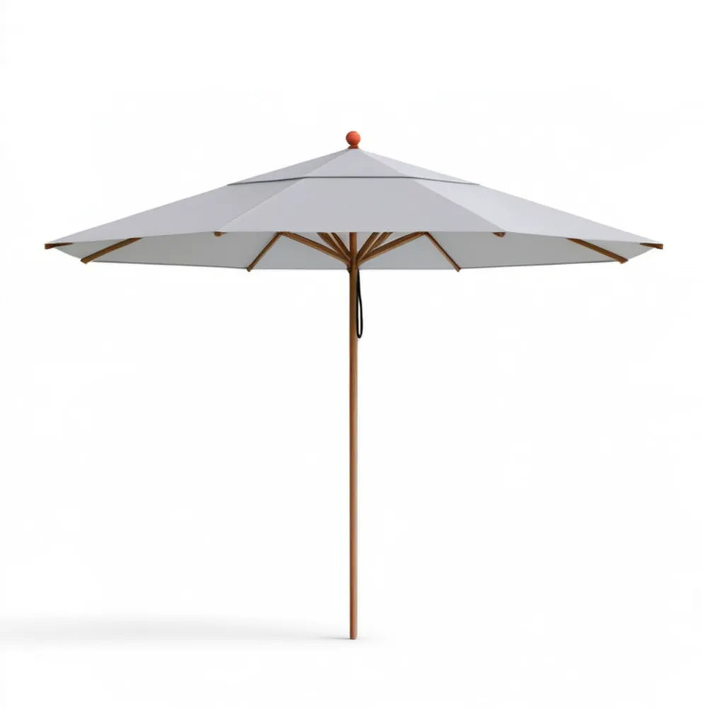 Parasol ogrodowy przeciwsłoneczny z drewna eukaliptusowego i poliestru, jasnoszary, Ø 300 cm