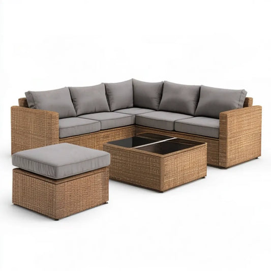 Narożny zestaw wypoczynkowy z technorattanu PE brązowy z szarymi poduszkami, sofa 200 x 200 x 65 cm, stolik 80 x 50 x 35 cm, pufa 60 x 60 x 35 cm