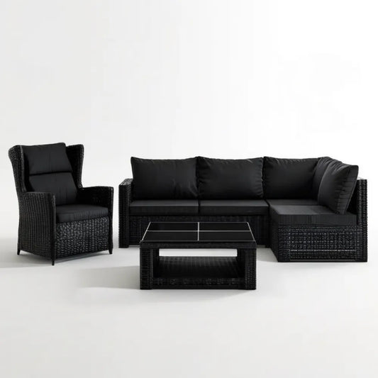 Czarny zestaw wypoczynkowy z technorattanu – sofa narożna 220 × 140 × 65 cm, fotel i stolik