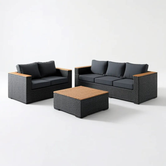 Komplet ogrodowy z technorattanu Czarny/Grafitowy/Naturalny brąz – sofa 2-osobowa 145 × 75 × 68 cm, sofa 3-osobowa 205 × 75 × 68 cm, stolik 110 × 60 × 42 cm