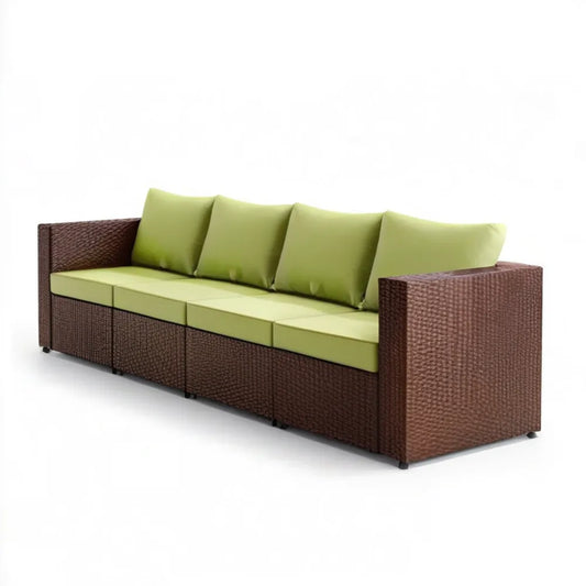 Modułowa sofa ogrodowa dla 4 osób z technorattanu PE, brązowa z zielonymi poduszkami, 260 x 70 x 65 cm