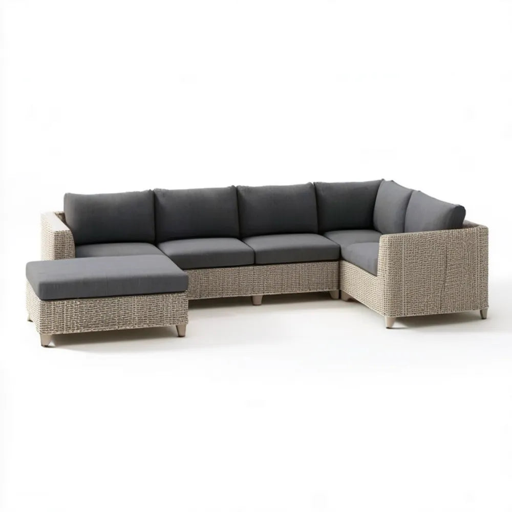 Narożna sofa ogrodowa 5-osobowa z technorattanu, beżowa z ciemnoszarymi poduszkami, kształt L, 280 x 210 x 82 cm
