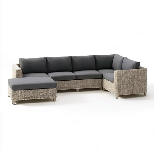 Narożna sofa ogrodowa 5-osobowa z technorattanu, beżowa z ciemnoszarymi poduszkami, kształt L, 280 x 210 x 82 cm