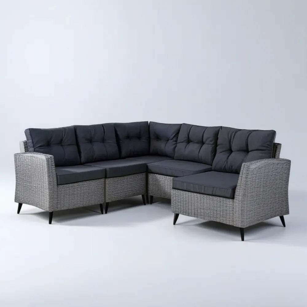 Modułowa narożna sofa ogrodowa z plecionki PE, szara/czarna, 260 × 200 × 85 cm