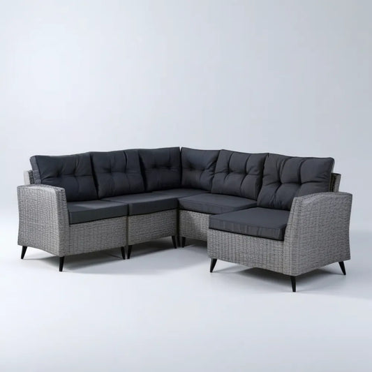 Modułowa narożna sofa ogrodowa z plecionki PE, szara/czarna, 260 × 200 × 85 cm
